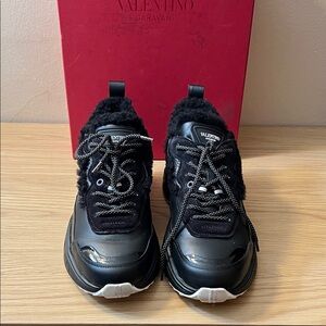Valentino Women Black Fur-Trimmed Sneakers size 39